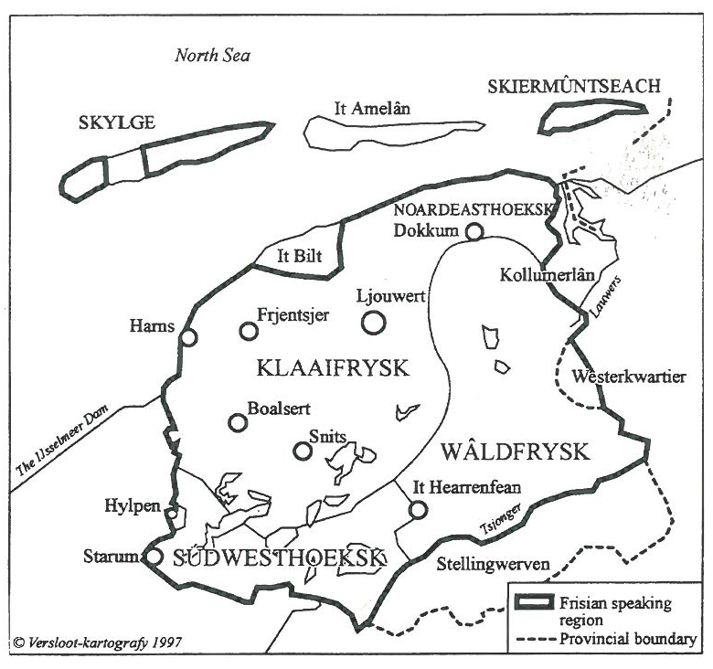 A map of the province of Fryslân with the langauge varieties. the area of It Bilt is shown in the North-West. Source: Jong, Gerbrich de & Hoekstra, Eric. (2020, May 14). A general introduction to Frisian. Taalportaal. Retrieved from https://www.taalportaal.org/taalportaal/topic/pid/topic-14225224491227143.